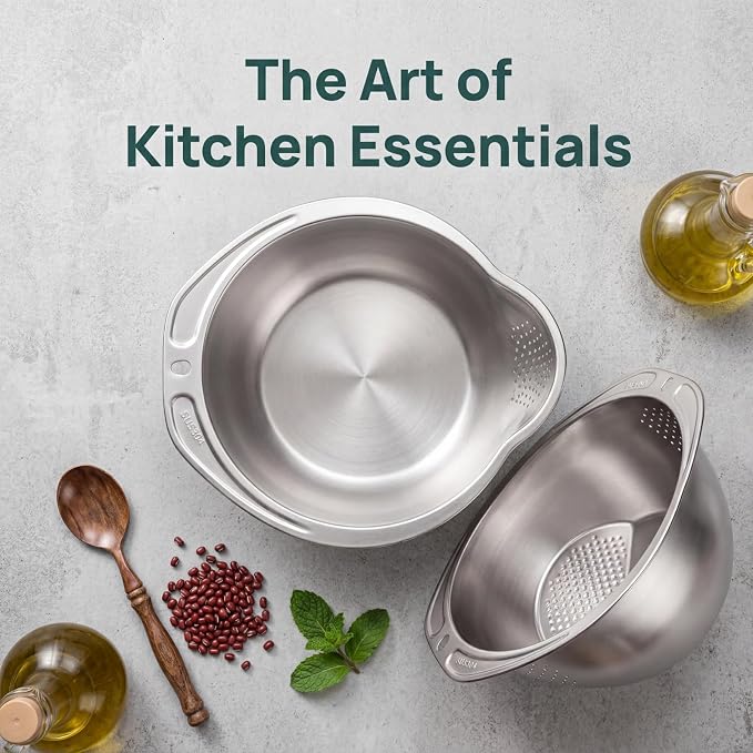 2 Pack Rice Washer Strainer Bowl, Stainless Steel Colander | Kitchen Washing Bowl with Side Drainers, Versatile Tool Accessories for Cleaning Fruit, Vegetables, Beans, Pasta