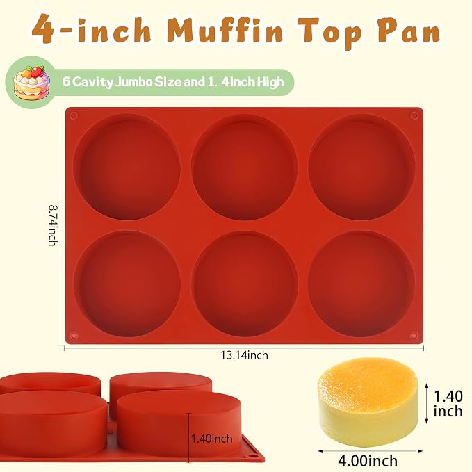 4Inch Round Silicone Mold for Baking, 2Pcs Silicone Muffin Top Pans for Baking Muffin Top, Whoopie Pie, Sandwiches, Hamburger (2Pcs(1.4Inch Deep))