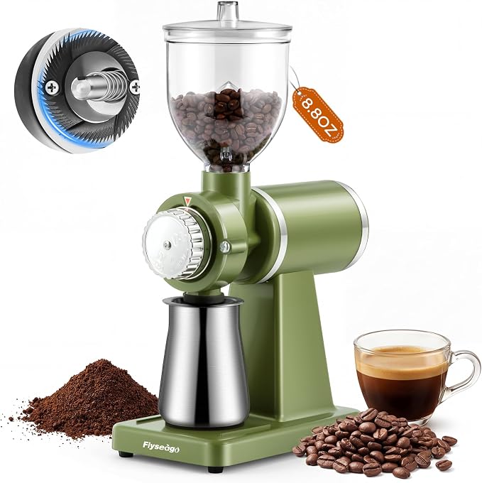 Electric Burr Coffee Grinder, 8 Grind Settings Cream Style Green | 64mm Stainless Steel Flat Burr, Low Static & Quiet, for Espresso Pour Over French Press, 3-in-1 Receiving Cup, Easy Clean