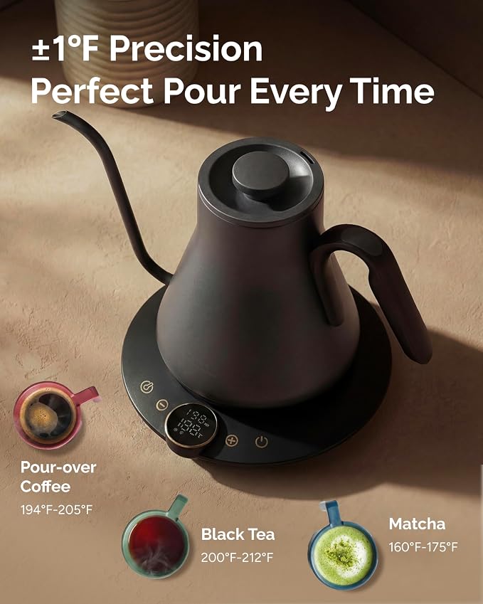 INTASTING Electric Kettle, Gooseneck Electric Kettle, ±1℉ Temperature Control, BPA-Free Stainless Steel Inner, Quick Heating, for Pour Over Coffee, Brew Tea, Boil Hot Water, 1500W/0.9L Dark Grey