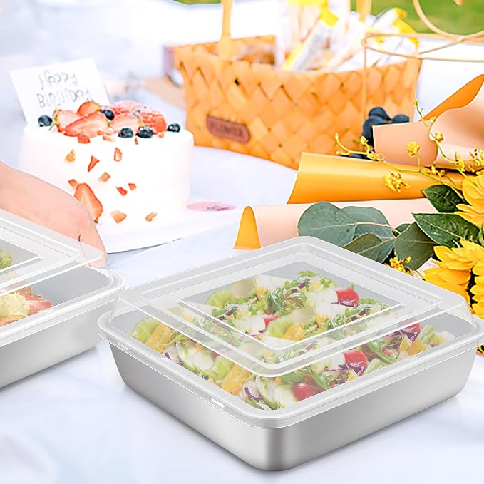 TeamFar 9 x 9 Baking Pan, Square Cake Pan with Lid - 2 Pans + 2 Lids | Stainless Steel for Baking Cooking Brownie Lasagna, Portable for Home Outdoor Camping, Non-Toxic & Dishwasher Safe