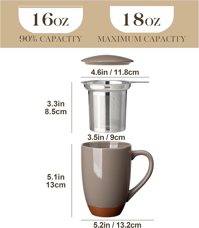 MALACASA Ceramic Tea Mug with Lid and Stainless Steel Infuser, 18 oz Large Tea Cup for Loose Leaf Tea, Heat-Resistant, Microwave & Dishwasher Safe, Speckled Glaze Coffee & Tea Brewer Mug, Khaki Brown