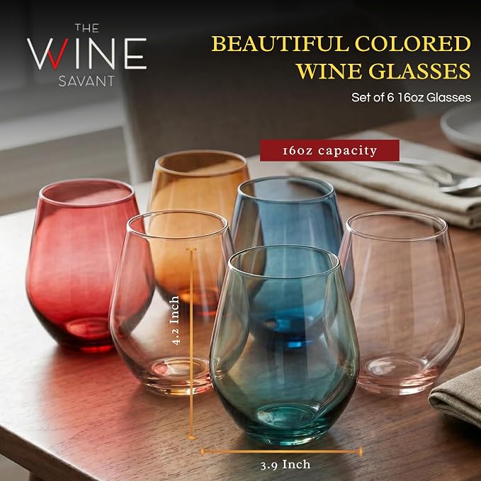 Beautiful Colored Wine Glasses | Set of 6 | Crystal, Large 16oz - Stemless Goblet Drinking Cups, Luxury Multi Color Glassware Gift Set - Her, Wife, Mom Friend - Colorful Drinkware Water, Wine Cocktail