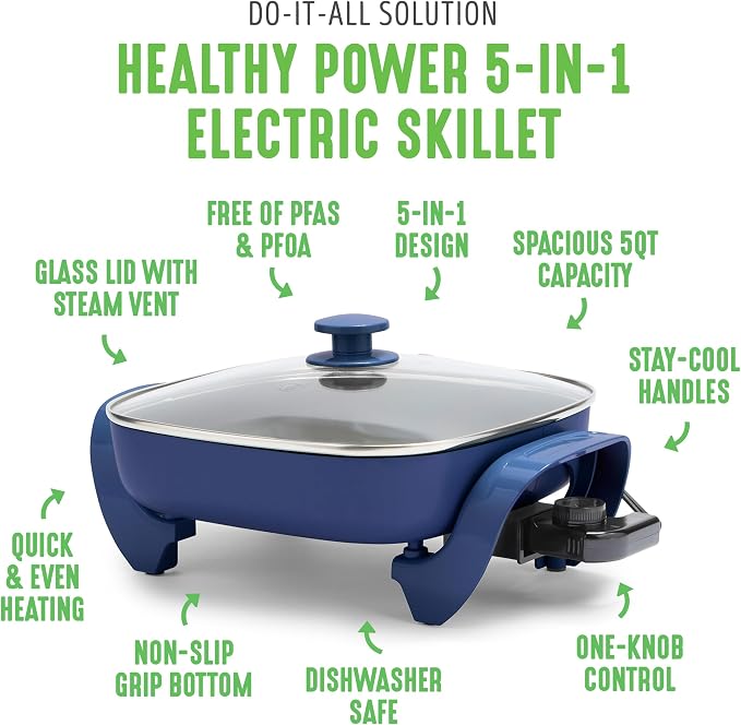 GreenLife 12" 5QT Electric Skillet, Blue | PFAS-Free Ceramic Nonstick Coated Interior, Glass Vented Lid, Temperature Control, Dishwasher Safe, Pancakes, Eggs, Bacon