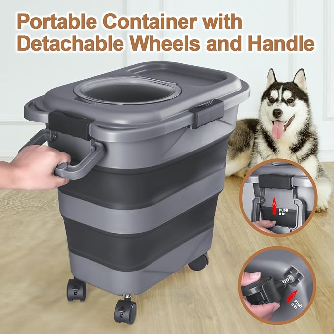 Dog Food Storage Container，23-25 lbs Airtight Collapsible Cat Food Storage Container with Attachable Wheels, Portable Handle, Dog Food Scoop for Dog Cat Bird Pet Dry Food Storage Bin Dark Grey