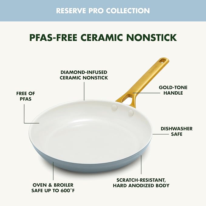 GreenPan Nonstick Reserve Pro 8" Frying Pan, NSF Certified Ceramic, Hard Anodized PFAS-Free Skillet, Stainless Steel Handles, Oven & Dishwasher Safe, Glacier Blue
