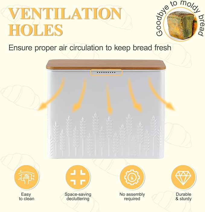 Extra Large Ear of Wheat Embossed Bread Box with Bamboo Lid | Corner Breadbox for Homemade Bread, White Metal Bread Storage Container Bin for Kitchen Countertop, Fits 2 Loaves of Bread