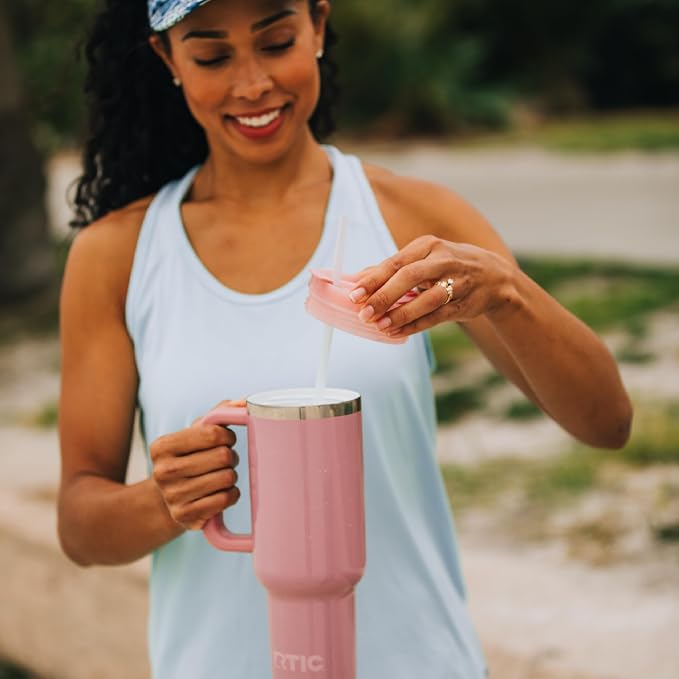 RTIC 40oz Road Trip Tumbler, Insulated, Ceramic Lined, Dusty Rose Glitter | with Lid, Handle and Straw, Stainless Steel Metal Cup, Portable for Hot and Cold Drinks, Coffee, Car, Camping, Travel