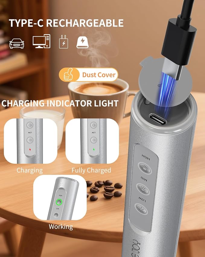CIRCLE JOY Rechargeable Handheld Milk Frother Wand with Stand, 3 Variable Speeds, 3 Whisks and Storage Box, Electric Drink Mixer for Latte, Cappuccino, Hot Chocolate, Eggs and Protein Powder, Silver