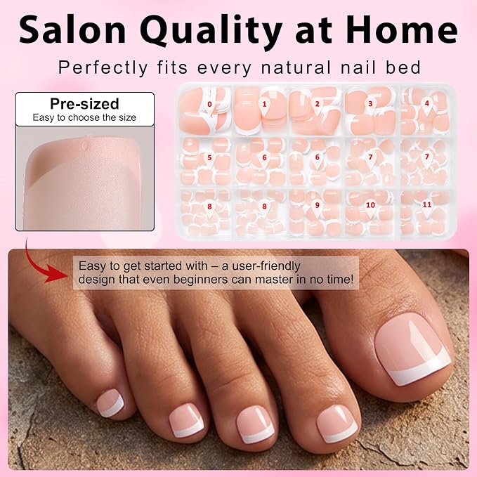240pc White French Tip Press on Toenails Women Nude Fake Toenails | Fake Toe Nails Press ons Nail Square Glue on Toe Nails Acrylic Press on Toes Nails Tip Stick False Artificial Toenail
