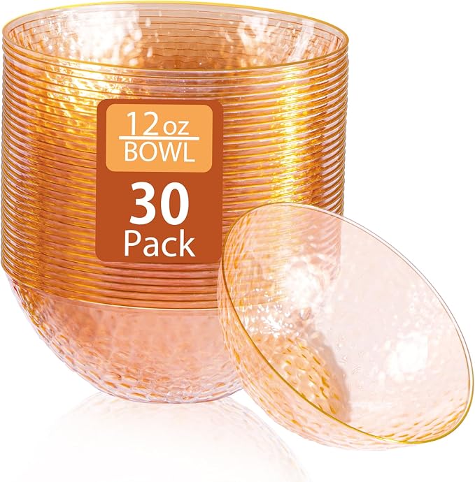Rubtlamp 30 Pack Clear Orange Disposable Bowls, Clear Plastic Bowls with Gold Rim, 12-16oz Premium Heavy Duty Plastic Soup Bowls, Gold Disposable Bowls for Party
