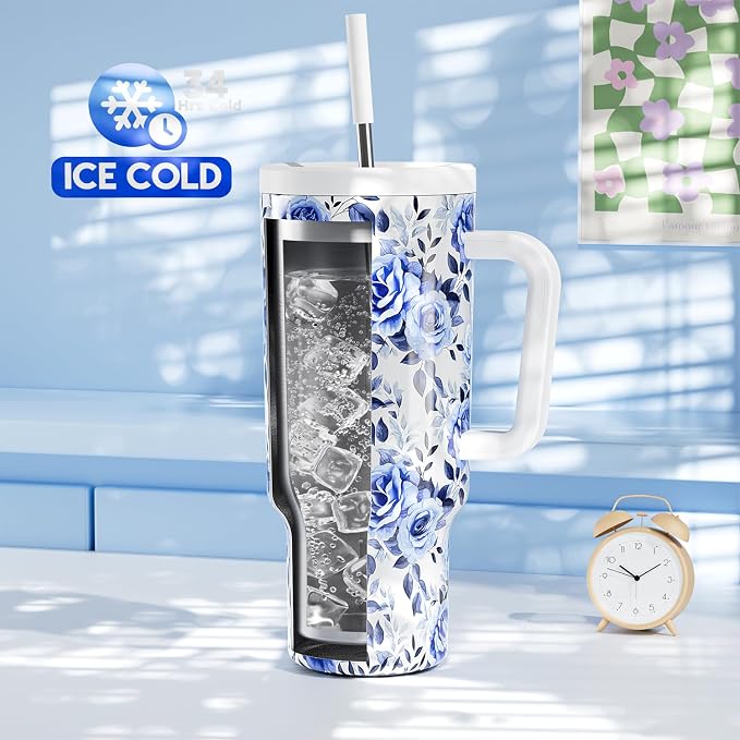 Meoky 40 oz Tumbler with Handle and Straw: Stainless Steel Insulated Tumbler with Lid and Straw - 100% Leak Proof Tumbler for Car Cup Holders - Travelers Commuters Workers, Blue Rose
