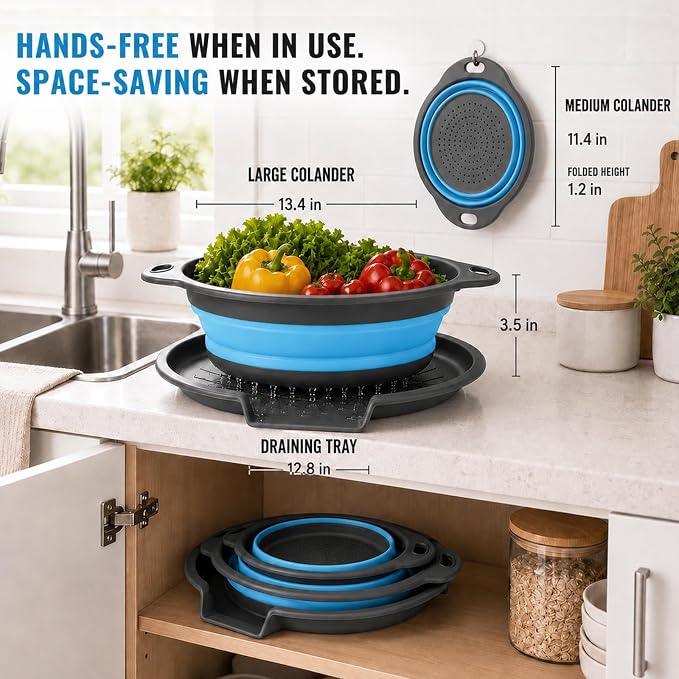 2 Collapsible Colanders with Self-Draining Tray(Blue) | 11.6 & 13.4 in baskets; 12.8 in grooved tray; folds to 2.1 in; for pasta, rice, fruit and vegetables