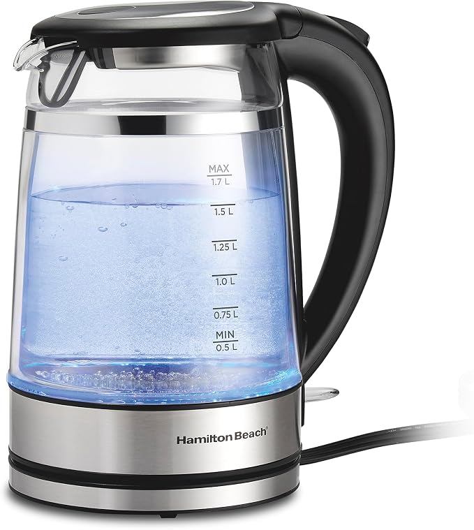 Hamilton Beach Double Wall 1.7L Electric Tea Kettle, Water Boiler & Heater | Fast Boiling 1500 Watts | BPA Free | Cordless Serving | Auto-Shutoff & Boil-Dry Protection | Color Change LED | Clear Glass