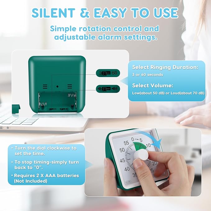 Secura Visual Timer for Kids, 60 Minute Classroom Countdown Timer for Study | Non-Ticking, Adjustable Alarm Volume/Duration, Low Power Reminder, Time Management Tool for ADHD (Dark Green & Dark Green)