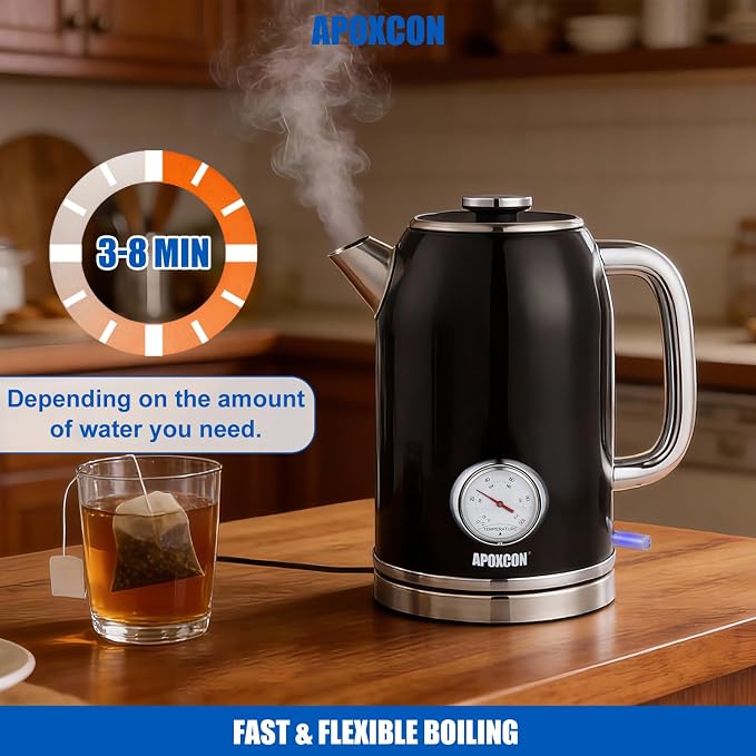 APOXCON Retro Electric Kettle with Thermometer, 1.8L Stainless Steel, Black, Cordless, 1000W Fast Boiling, Automatic Shut Off