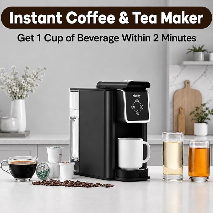 Mecity Coffee Maker 3 in 1 Single Serve Coffee Machine, Compatible with K cup Capsules, Instant Coffee Pot, Tea maker, 6,8,10 Oz Cup, Removable 50 Oz Water Reservoir, 120V 1150W, Dark Grey