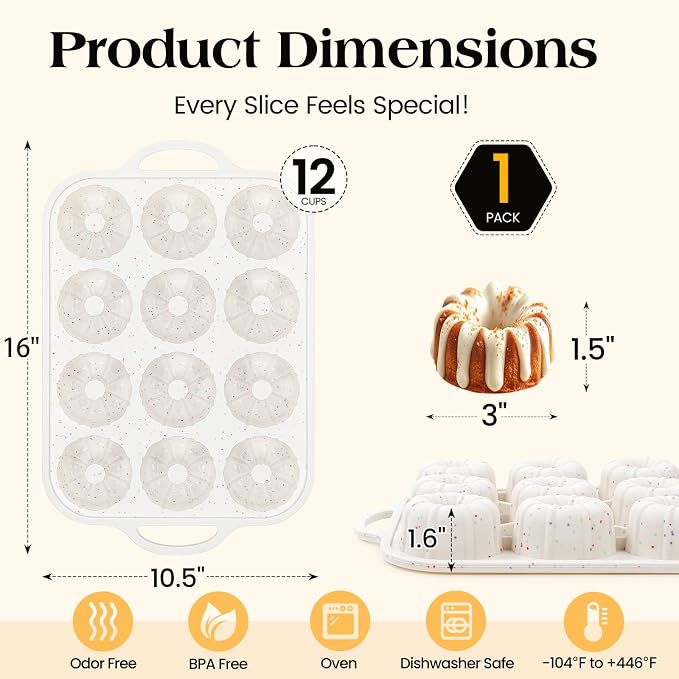 Vinino 3 Inch Silicone Mini Fluted Tube Cake Pan with Metal Frame | 12-Cavity Mini Flan Mold for Donuts, Muffins, Brownies & Jellies, Nonstick Design with Easy Release and Cleanup