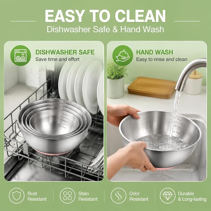 GIUOIDUO Stainless Steel Mixing Bowls Set with Non-Slip Base, Set of 5 | 1.27/ 1.69/ 2.11/ 3.17/ 4.23QT Nesting Bowls, Dishwasher Safe Baking Bowls for Kitchen Baking, Meal Prep and Storage