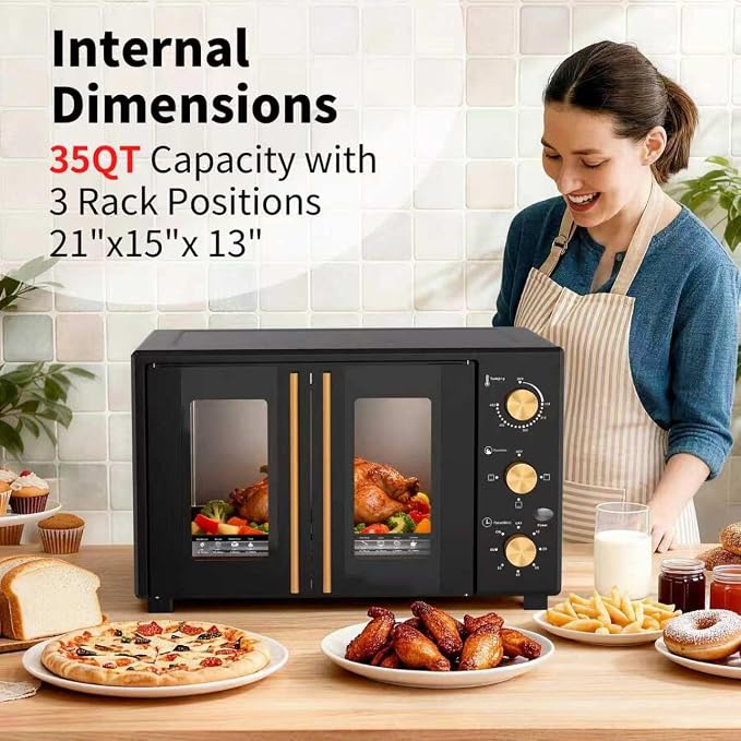 VBGK French Door electric Knob Oven, 35 QT Extra Large Oven,18-Slice Convection Oven3-Control Knobs, Bake Broil Toast Grilled Meat Keep Warm, black Metal,Equipped with a tray and a rack.