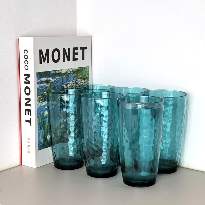 Yalin 20 Ounce Acrylic Drinking Glasses, Reusable Plastic Tumbler, Stackable, BPA-Free, Shatter Proof, Dishwasher Safe, Set of 6 Cups (Cyan)