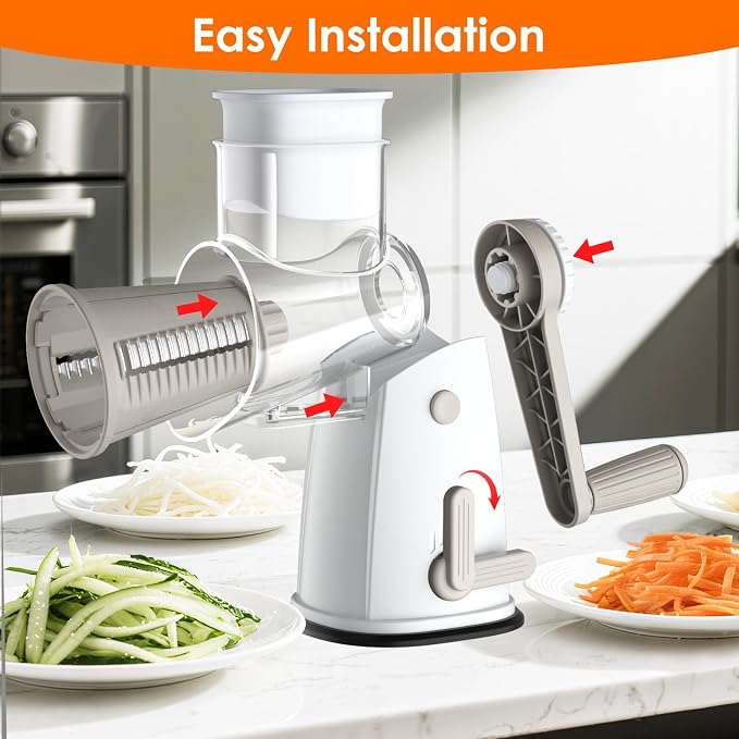 MealHelper 5 Blade Rotary Cheese Grater and Vegetable Chopper with Storage Box and Hand Crank, Compact Shredder for Cheeses, Veggies, Nuts - Easy to Use, Non-slip Suction Base,White