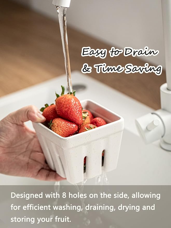 Gomakren Berry Bowl Set of 2, Ceramic Berry Basket, Square Fruit Bowls with Holes, Rustic Fruit Basket Containers for Kitchen Fridge, Berries, Strawberry, Grape, Cherry, Cream White