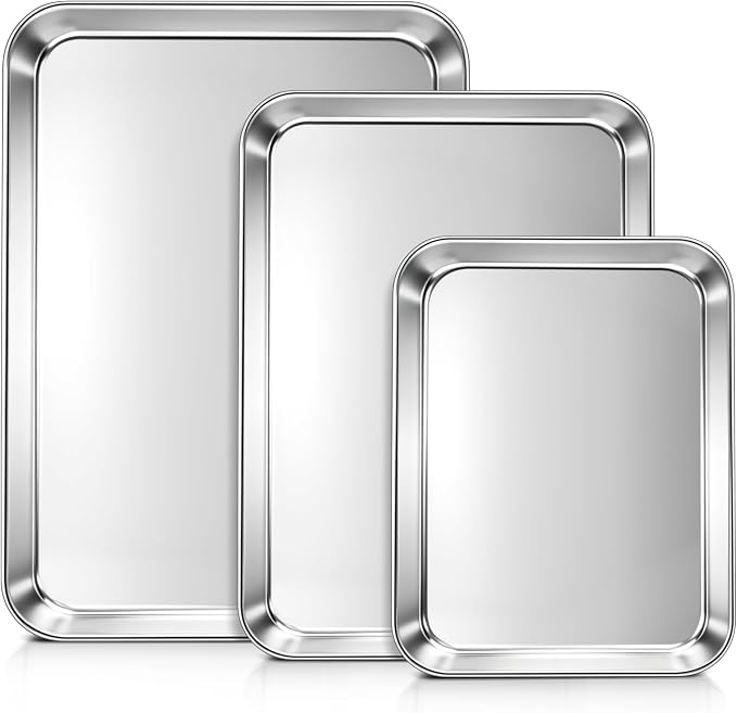 LIANYU Baking Sheet Pans, Half Sheet/Jelly Roll/Quarter Sheet, 3 Pack | Stainless Steel Cookie Sheet for Baking, 17.5/16/12.4 Inch Metal Tray, Heavy Duty, Dishwasher Safe, Non Toxic
