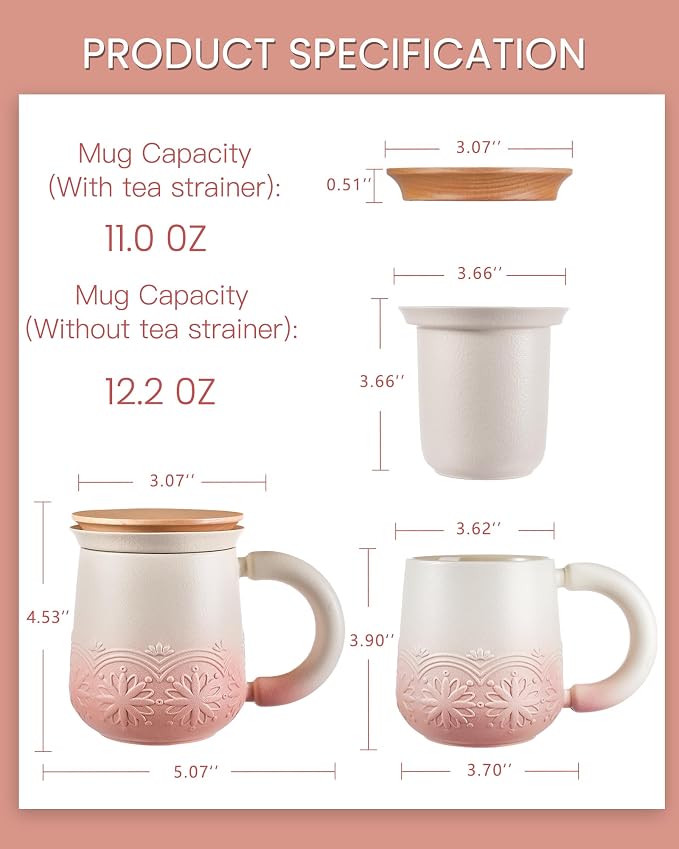 ZENS Tea Mug with Infuser and Lid for Loose Tea Diffusers, 12oz Pink | Embossed Ceramic Tea Cup with Infuser for Herbal Tea Steeper, Tea Lovers Gifts, Japandi Style Sunflower