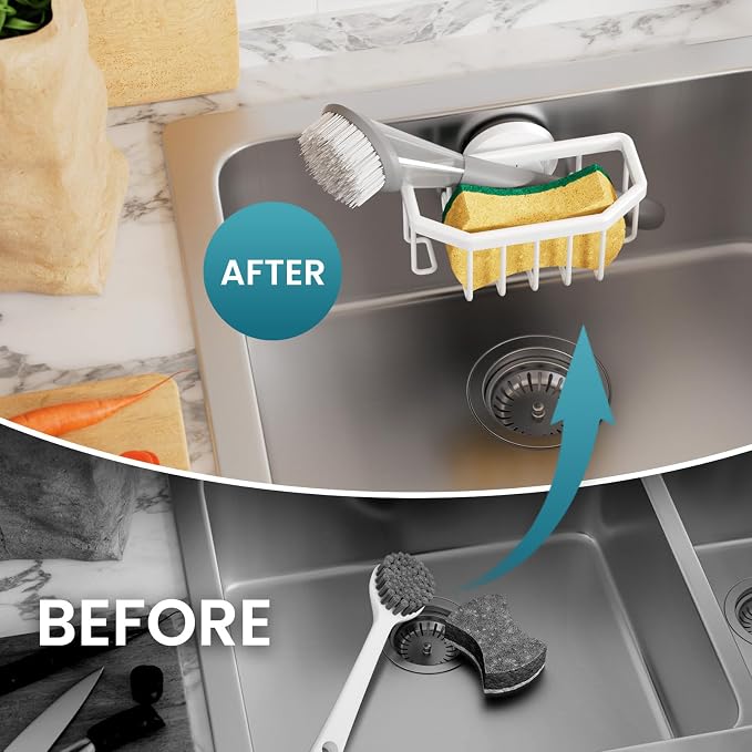 TAILI Sponge Holder for Kitchen Sink with Suction Cup-White, Aluminum | Rustproof Aluminum Sink Caddy for Sponges,Brushes,Stoppers & Scrapers,Removable Ventilated Quick-dry Design, holds Up 11lbs