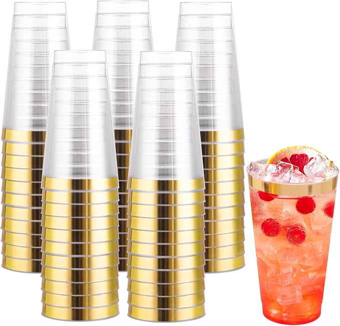 I00000 16 oz Gold Plastic Cups, 100 Pack Clear Plastic Cups Tumblers Gold Rimmed Cup, Heavy-duty Disposable Cup Perfect for Wedding & Party