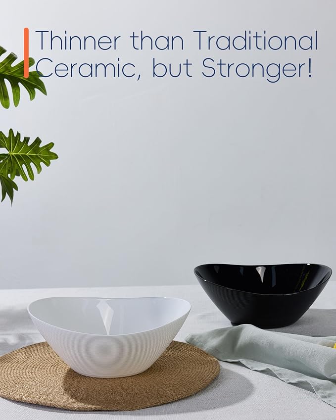 66 OZ Salad Bowl Set of 2, 10 Inch White Opal Glass Oval | Ultra-thin lightweight serving dish with microwave & dishwasher safe design, perfect for salad, fruit and kitchen use