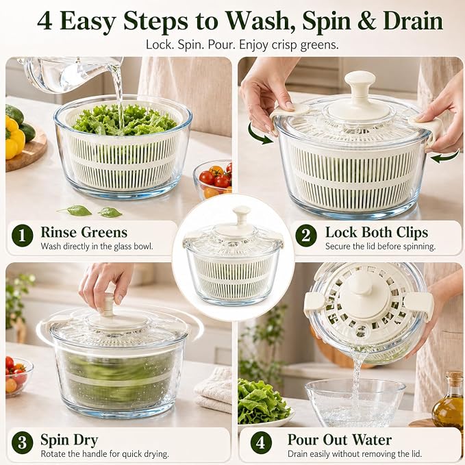 Large 5.2 Qt Glass Salad Spinner with Drain, Off-White | Microwave- and Dishwasher-Safe Glass Bowl, Transparent Lid, Crank Handle, Quick-Spin Salad Cleaner for Lettuce, Herbs Fruit