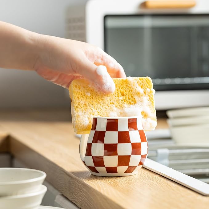 Zoeeker Sponge Holder for Kitchen Sink, Ceramic Checkered Dish Sponge Caddy | Kitchen Sink Organizer Farmhouse Scrubby Caddy Brush Holder for Bathroom, Countertop, Farmhouse Kitchen Decor, Brown & White