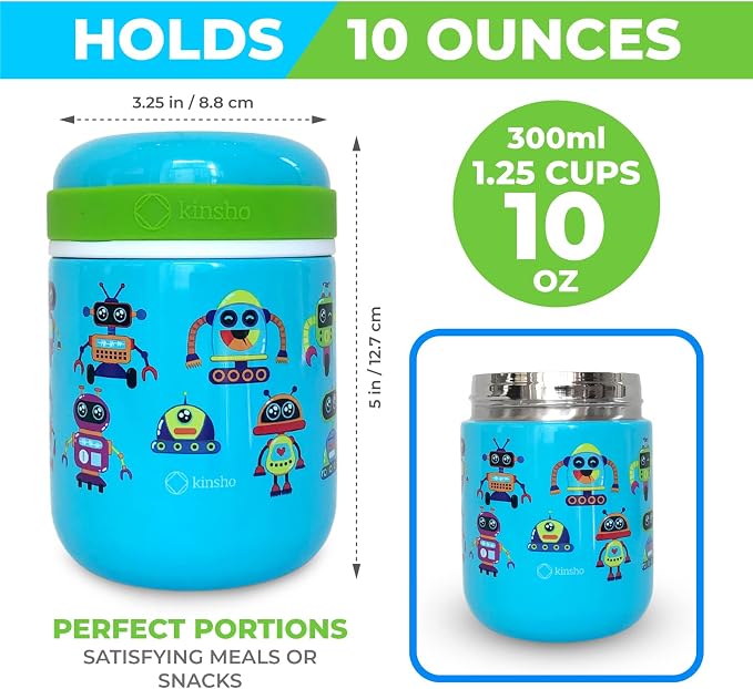 kinsho kids Bento Lunch Box Set with Thermo, Bag & Ice Pack, Green Robot | 4 Compartments, Removable Tray, Small Meal Snack Container for Boys Toddlers, Daycare & Pre-School, Steel Food Jar