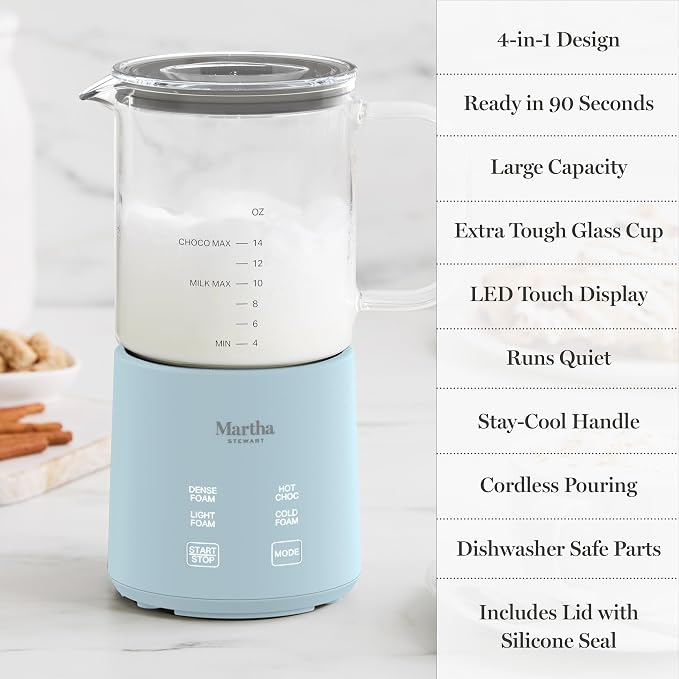 Martha Stewart 10oz Milk Frother & Steamer, 4 Presets, 300ml Glass Pitcher | Light, Dense, Cold Foam & Hot Chocolate, Ready in 90 Seconds, Cordless Pouring, Runs Quiet, Almond, Soy & Oat Milk, Sky Blue