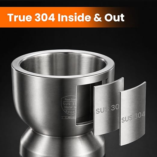304 Stainless Steel Mortar and Pestle Set with Anti-Slip Silicone Pad | Keeps the bowl steady, Weighty pestle crushes spices, herbs and pills with less effort, Included Cleaning Brush and Lid