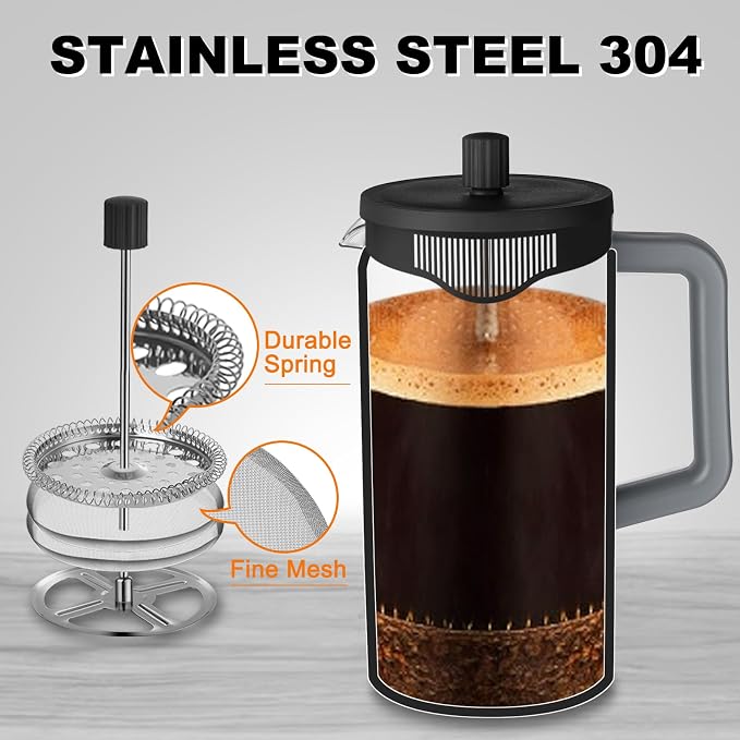 YOLIFE French Press Coffee Maker 12 oz, Camping Mini Coffee Press Grey | Heat-resistant Borosilicate Glass, Portable for Travel