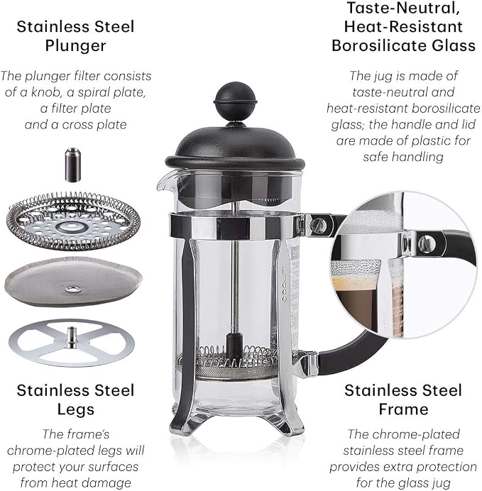 Bodum French Press Caffettiera White - 1L / 8 Cup Coffee Maker - Durable Glass & Stainless Steel Filter - BPA-Free Dishwasher Safe Percolator - Cafetiere Made in Portugal