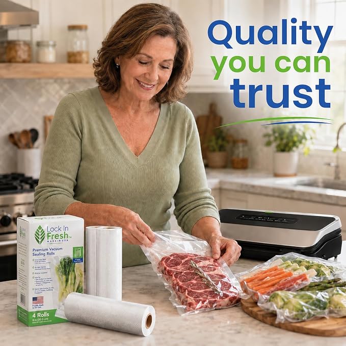 Vacuum Sealer Bags for Food - Heavy Duty Food Saver Vacuum Sealer Bag Rolls - Sous Vide, Seal a Meal Bags, 4-pack, 8" x 20' - Made in the USA
