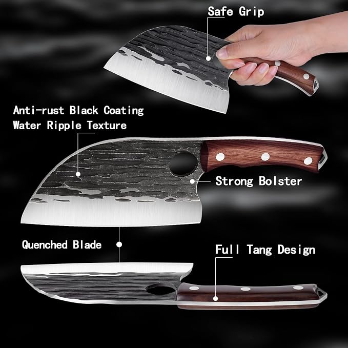 ROCOCO Butcher Cleaver Knife Set - 3PCS Serbian Chef Viking Boning Knife | Meat Cutting Cleaver with Sheaths for Kitchen Outdoor BBQ Camping Birthday Father Mother Christmas Gift Idea Men