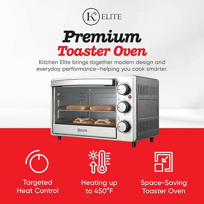 Kitchen Elite Toaster Oven, Compact Countertop Appliance with Bake Tray, Wire Rack, Adjustable Timer, and Temperature Control, Stainless Steel