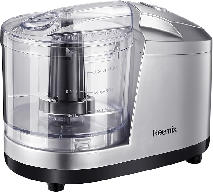 Reemix 1.5-Cup Electric Food Chopper, 100W Mini Food Processor Meat Grinder | One-Touch, Mix, Chop, Mince and Blend Vegetables, Fruits, Nuts, Meats, Stainless Steel Blade (Silver)