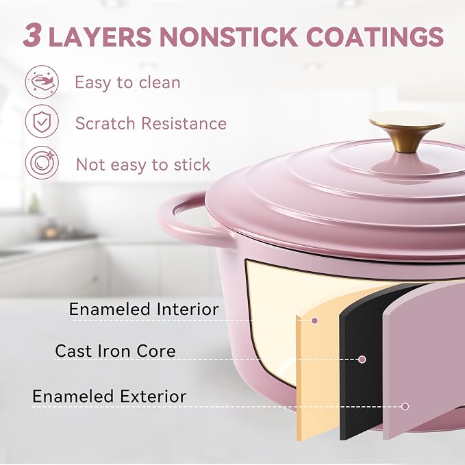 Miereirl 4.5 Quart Enameled Dutch Oven Pot with Lid, Cast Iron Dutch Oven with Dual Handles for Bread Baking, Cooking, Non-stick Enamel Coated Cookware, Pink