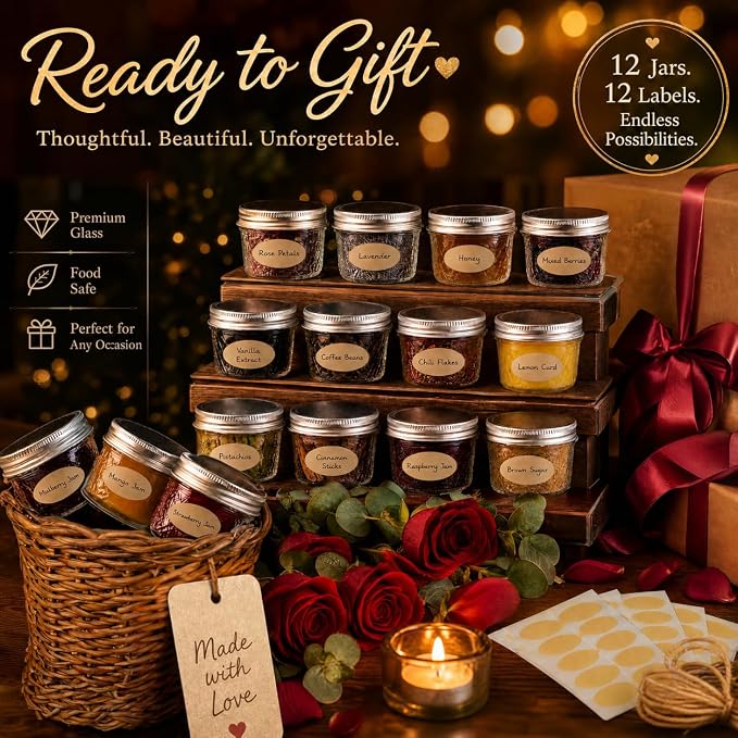4 oz Glass Jars with Lids, 12 Pack Wide Mouth Small Mason Jars with Twine & Tags, Airtight Leakproof Mini Jam & Jelly Jars with Label Area for Baby Food, Spices, Pudding & Homemade Gifts