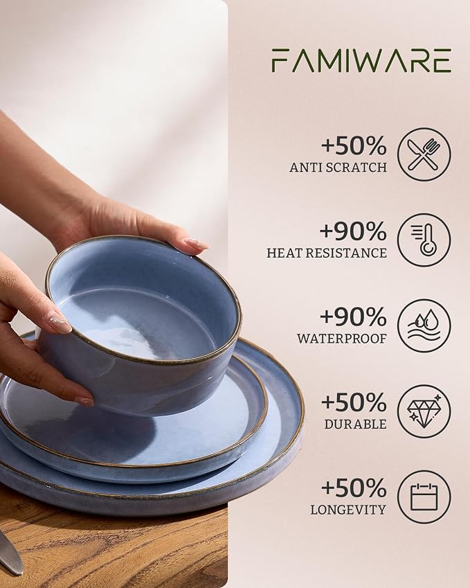 Famiware Annecy 12-Piece Stoneware Dinnerware Set, Reactive Blue | Stoneware Plates and Bowls for 4, Handmade Reactive Glaze, Microwave & Dishwasher Safe, Chip & Scratch Resistant