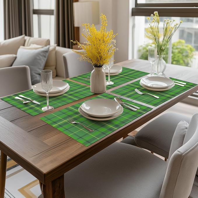 Artoid Mode Green Striped Check St. Patricks Day Vinyl Placemats Set of 4, Heat Resistant Non-Slip Woven Plastic PVC Place Mats for Party Kitchen Dining Decor