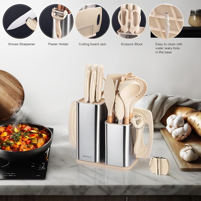 Cooking Utensils Set,18-Piece Kitchen Utensils and Knife Set,Khiki | Food-grade Silicone Utensils Heat-resistant to 410°F,5-Piece Stainless Steel Kitchen Knife with Sharpener and Cutting Board