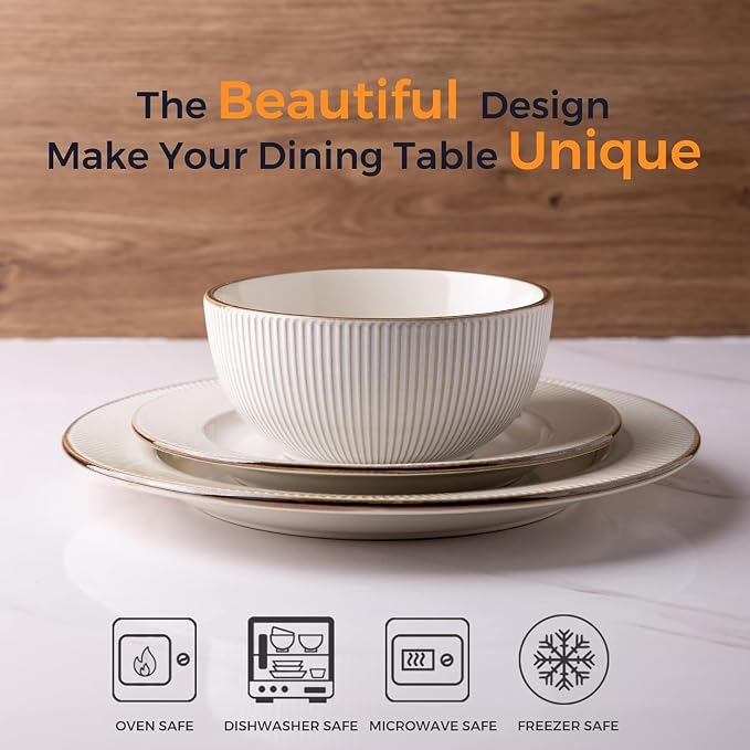 GBHOME Ceramic Dinnerware Sets of 6,18 pcs Plates and Bowls Sets Dishes | Embossed Elegant Stoneware Dishes Set | Dishwasher & Microwave Safe | Service for 4