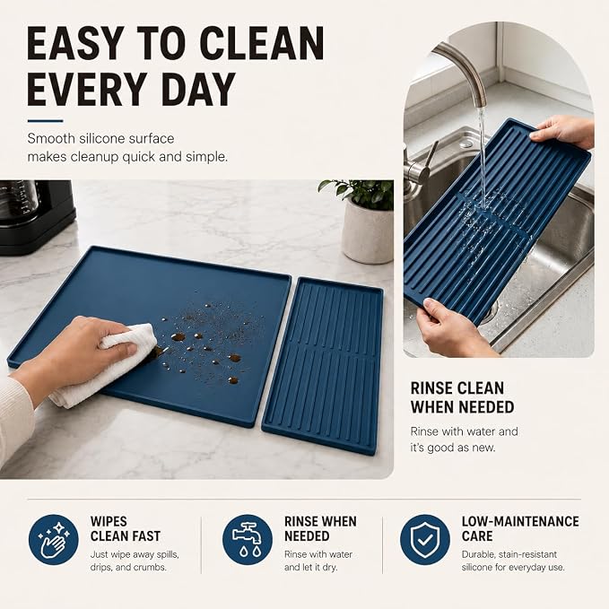 Silicone Coffee Mat 24 x 16 in with Tray, Deep Sea Blue | Coffee bar mat for countertop use, coffee station mat or coffee machine mat with removable tray and 0.47 in raised rim.